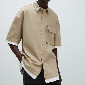 NWT ZARA Tan Cotton-Linen Utility Contrast Sleeve Short Sleeve Shirt L